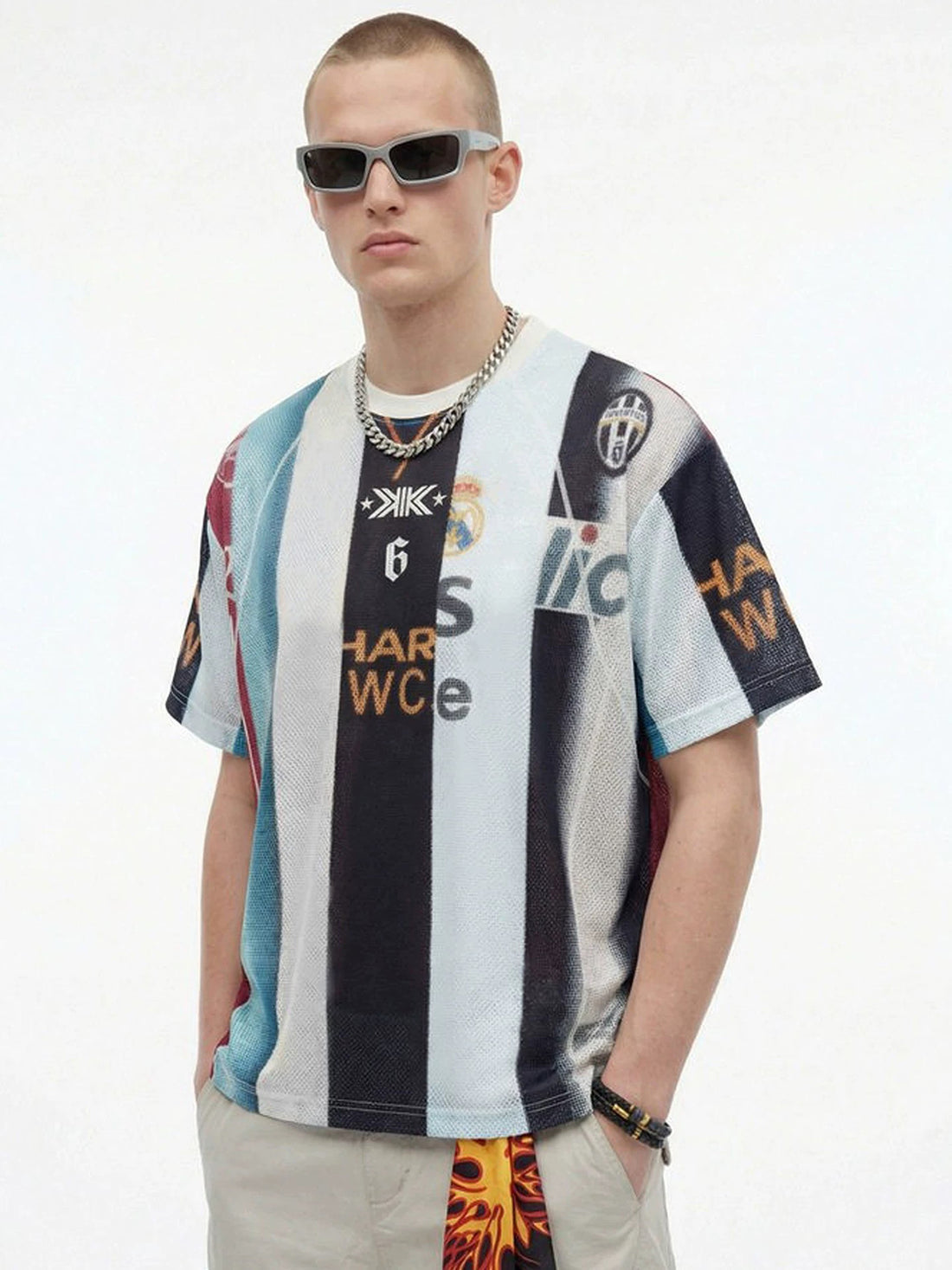 Co-ed Dorm Baggy Contrast Color Striped Jersey Tee - Blue