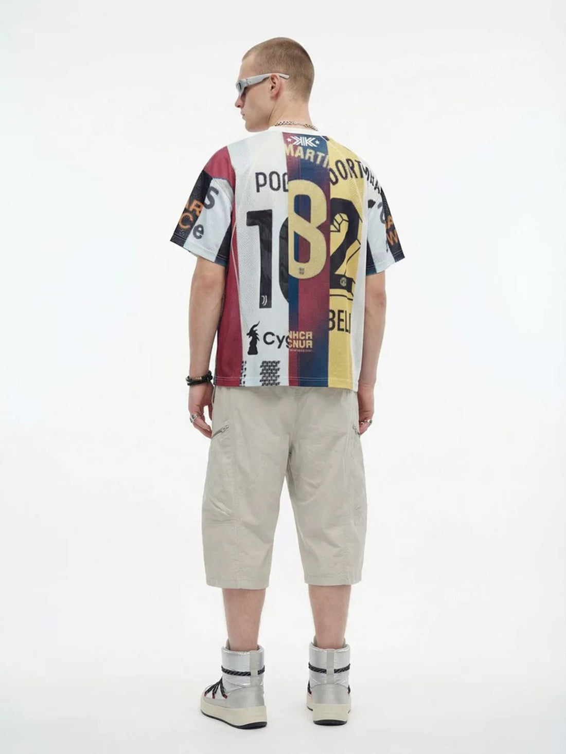 Co-ed Dorm Baggy Contrast Color Striped Jersey Tee - Blue
