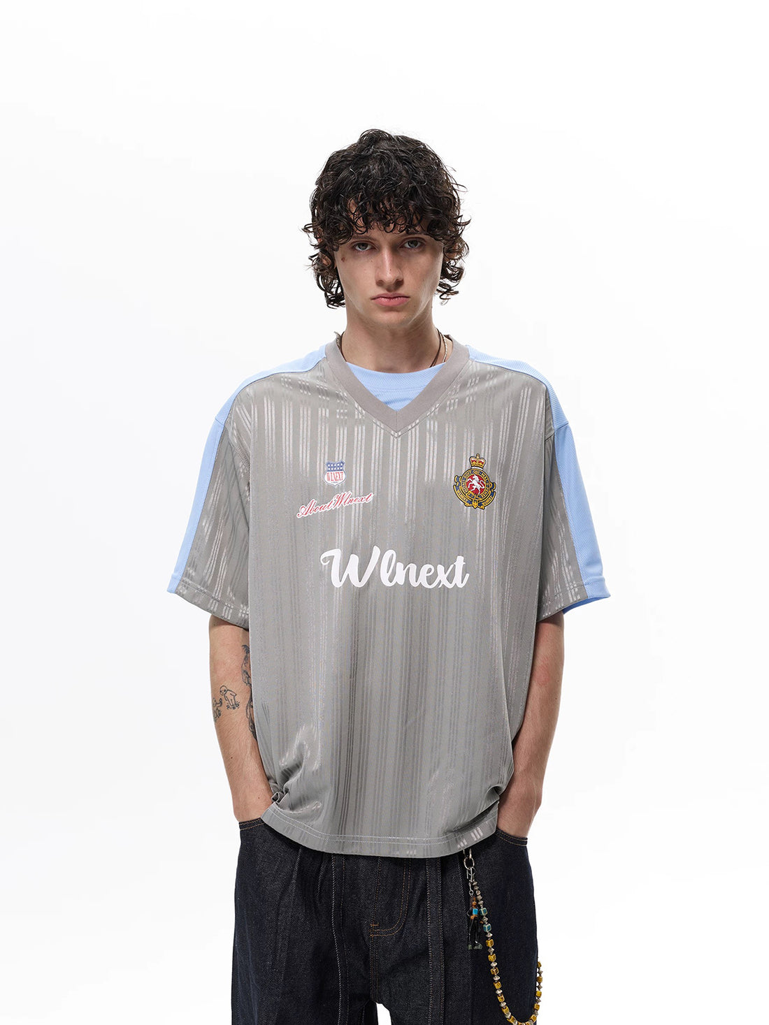 Co-ed Dorm Baggy Badge Graphic Contrast Color Jersey Tee - Grey