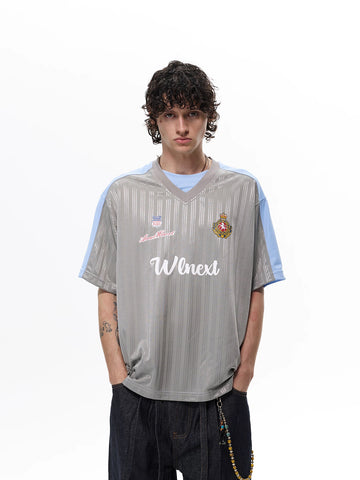 Co-ed Dorm Baggy Badge Graphic Contrast Color Jersey Tee - Grey