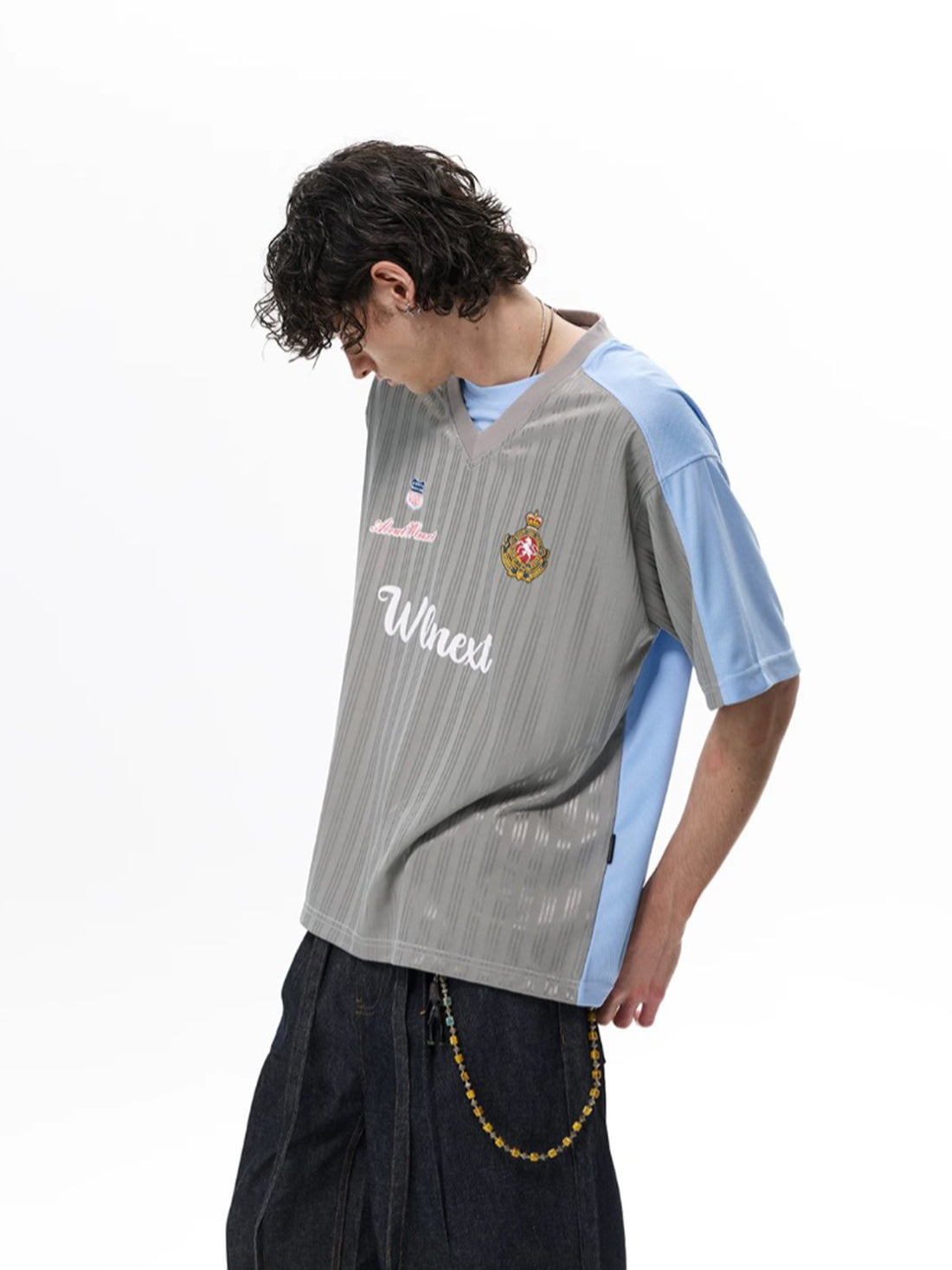 Co-ed Dorm Baggy Badge Graphic Contrast Color Jersey Tee - Grey