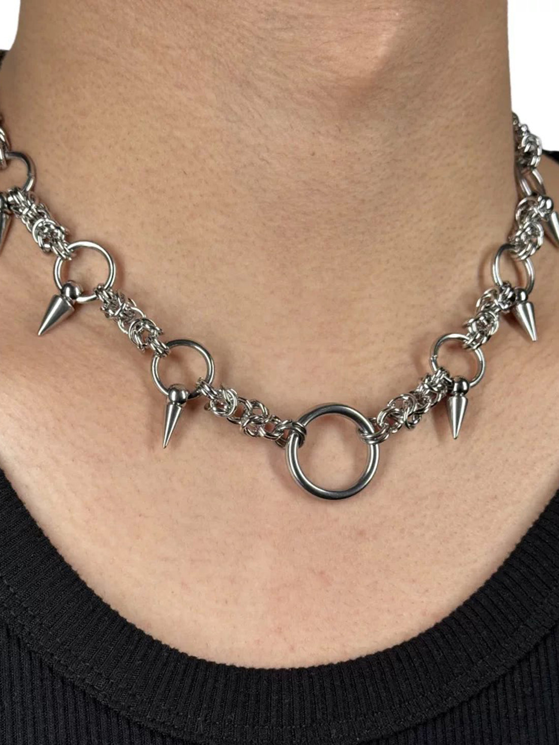 Brick Lane Punk Thorn Ring Heavy Chain Choker - Silver