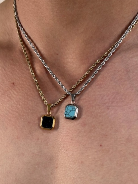 Brick Lane Vintage Square Gemstone Pendant Necklace Set - Blue