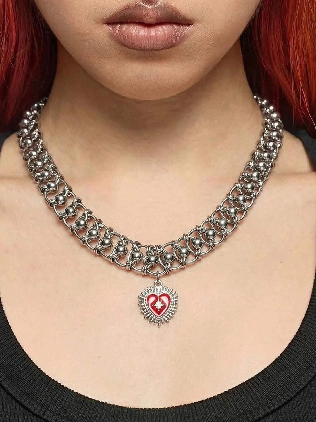 Brick Lane Gothic Gemstone Double Layer Chain Necklace - Red