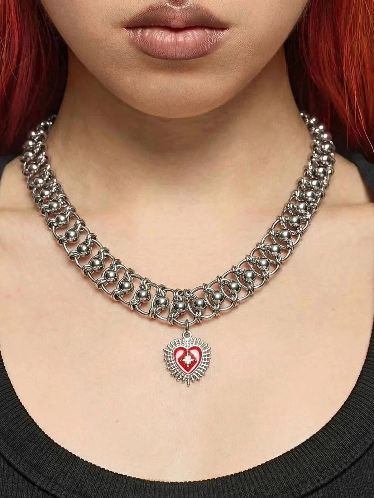 Brick Lane Gothic Gemstone Double Layer Chain Necklace - Red