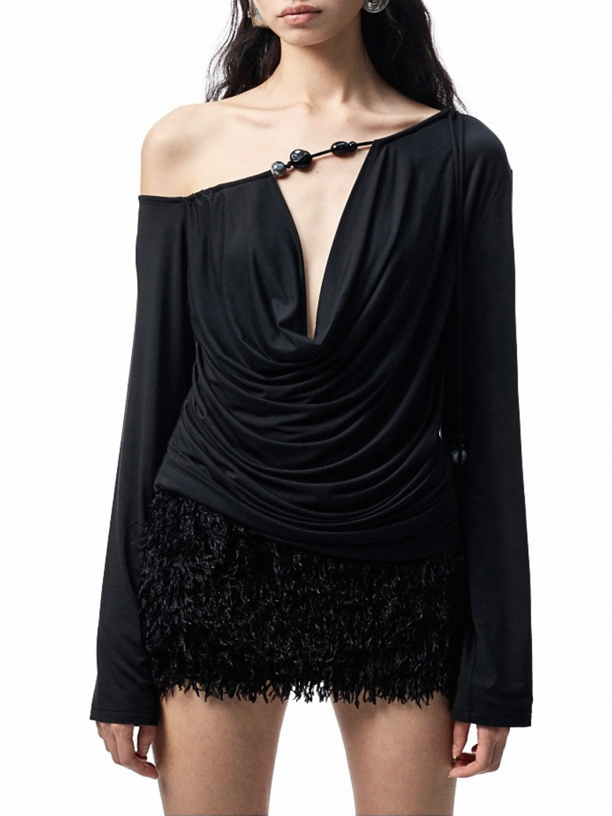 One Shoulder Out of Respect Sleeve Top - All Black