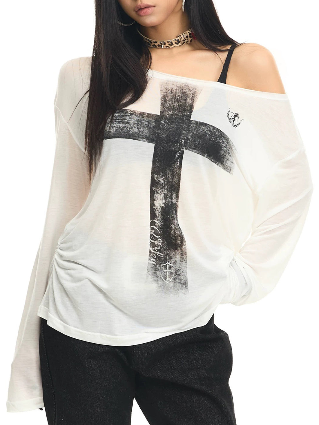 Co-ed Dorm Skimming Gothic Cross Printed Sheer Top - White