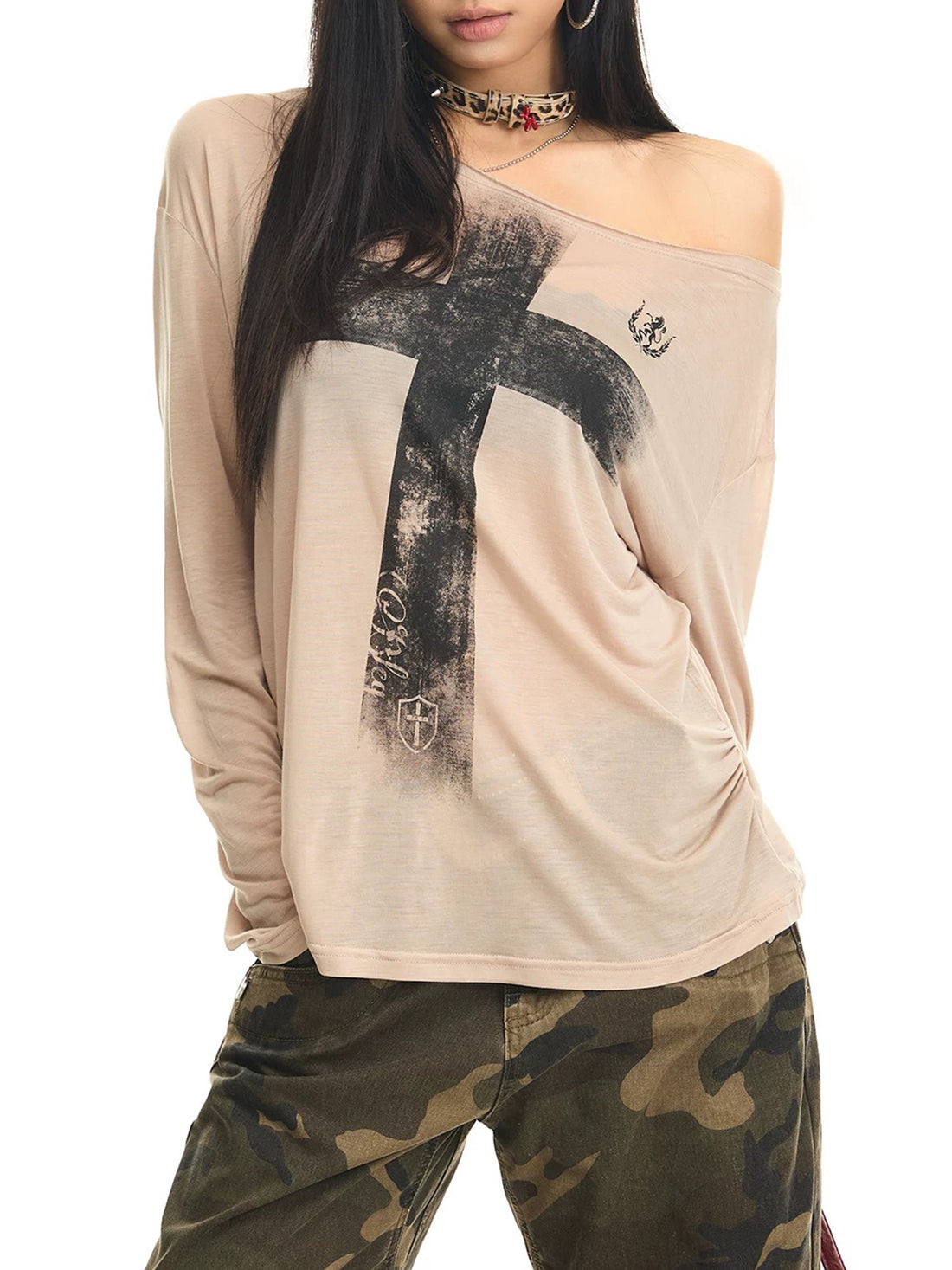 Co-ed Dorm Skimming Gothic Cross Printed Sheer Top - Beige