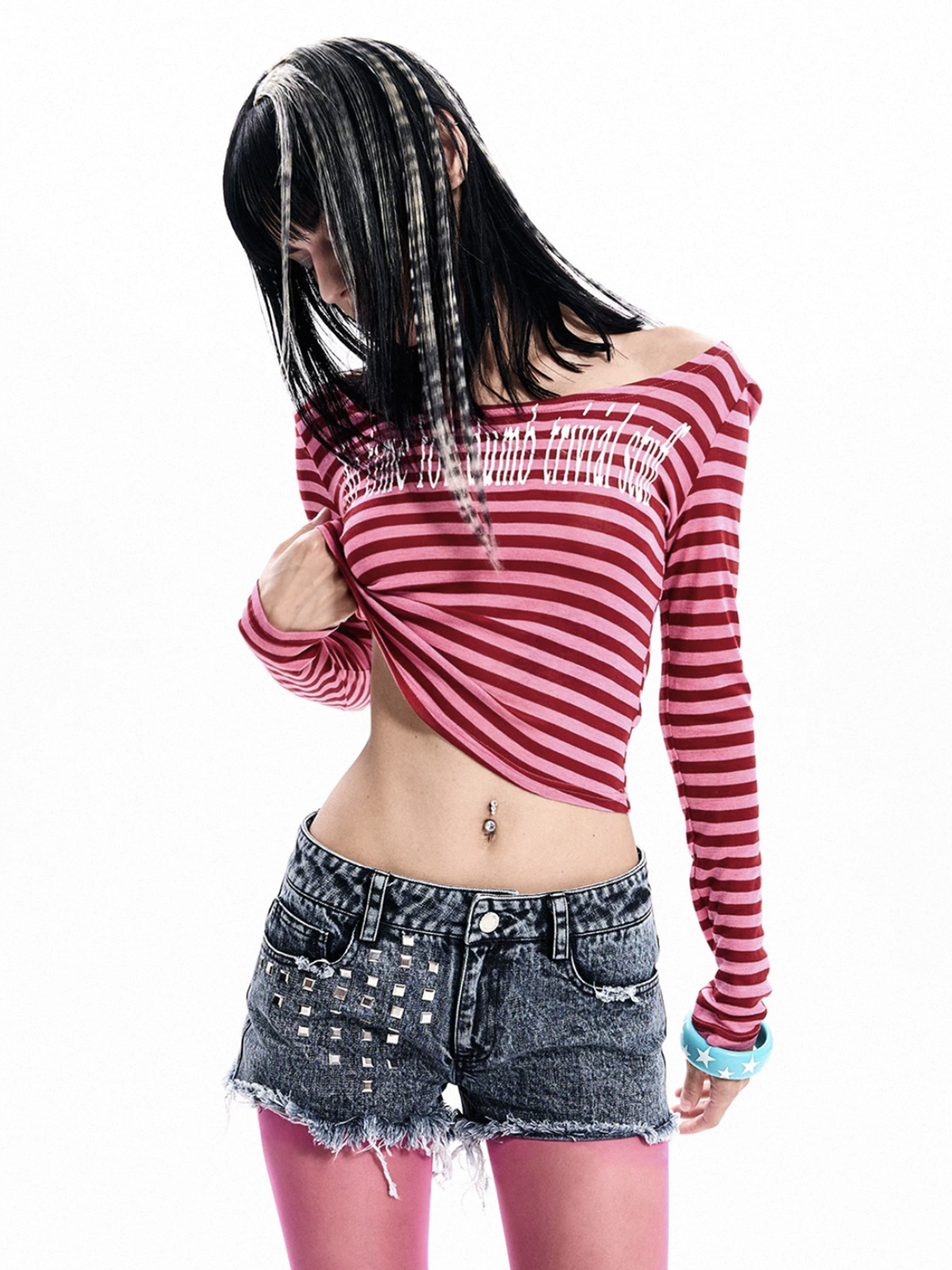Brick Lane Skimming Striped Zip-up Hoodie - Pink