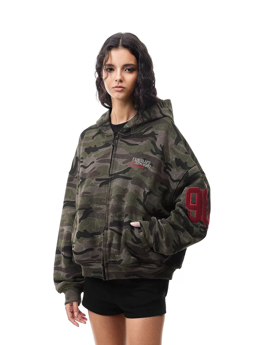 Co-ed Dorm Baggy Camouflage Graphic Zip-up Jacket - Green