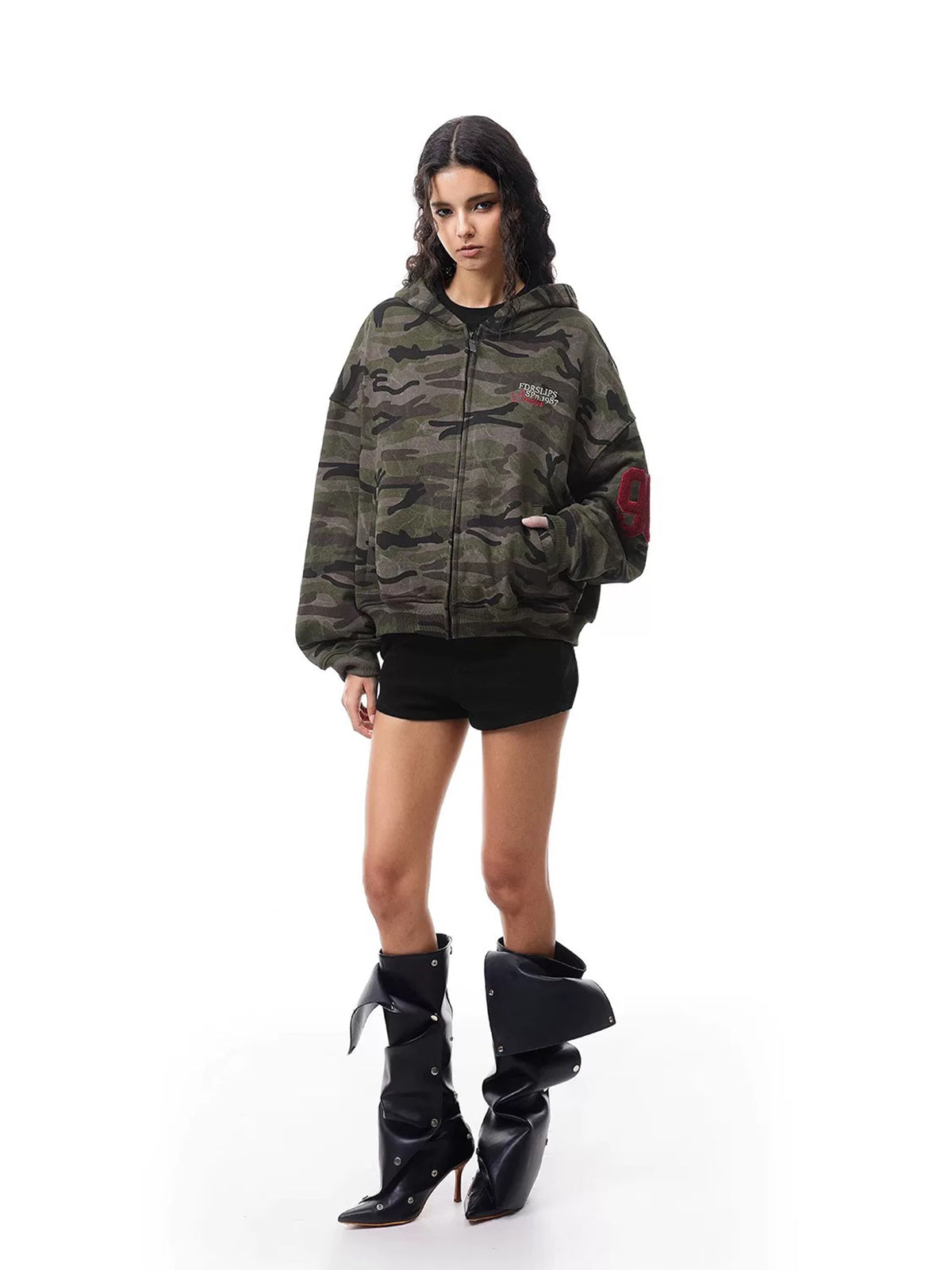 Co-ed Dorm Baggy Camouflage Graphic Zip-up Jacket - Green