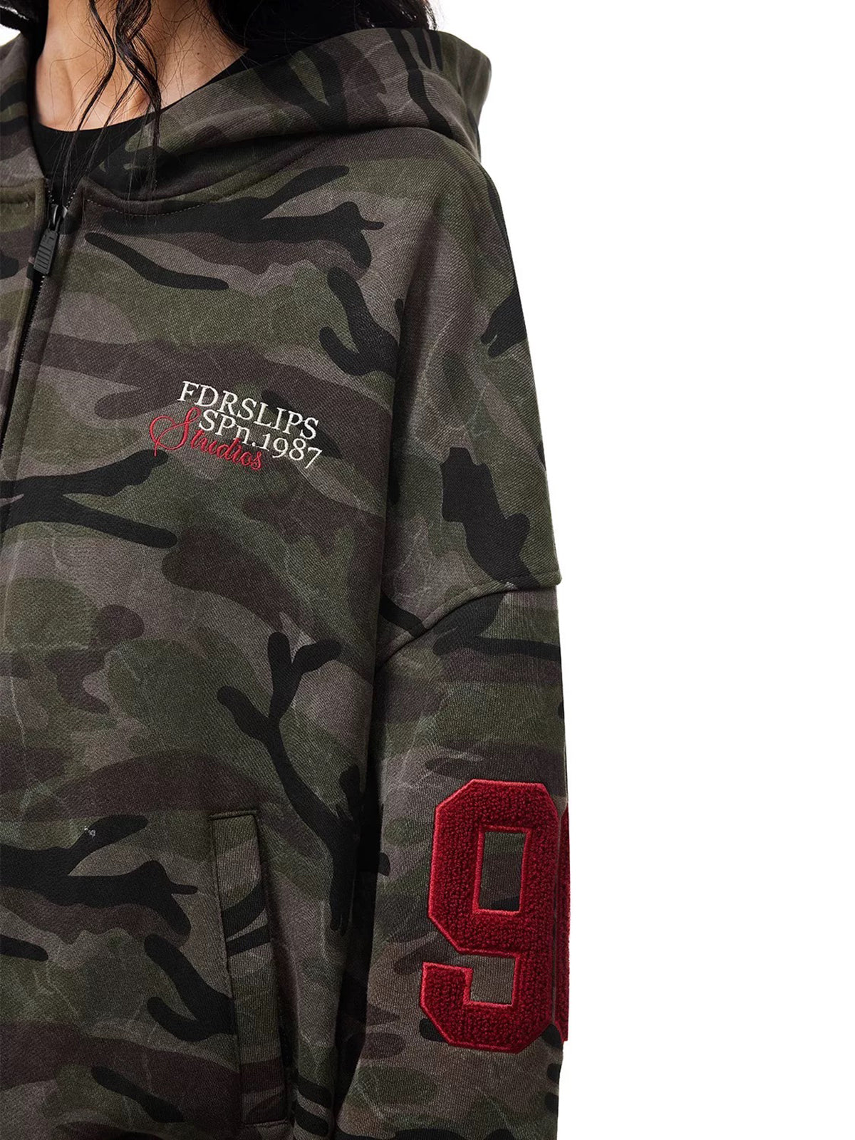 Co-ed Dorm Baggy Camouflage Graphic Zip-up Jacket - Green