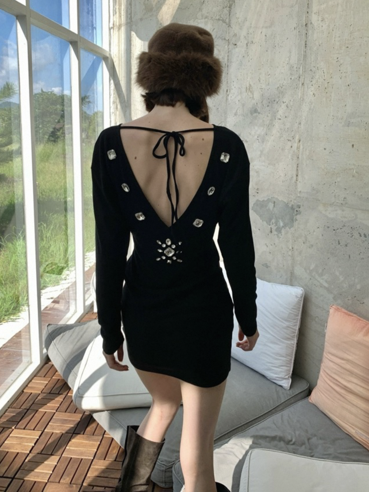 Obsidian Glimmer V-back Dress - Shine Black