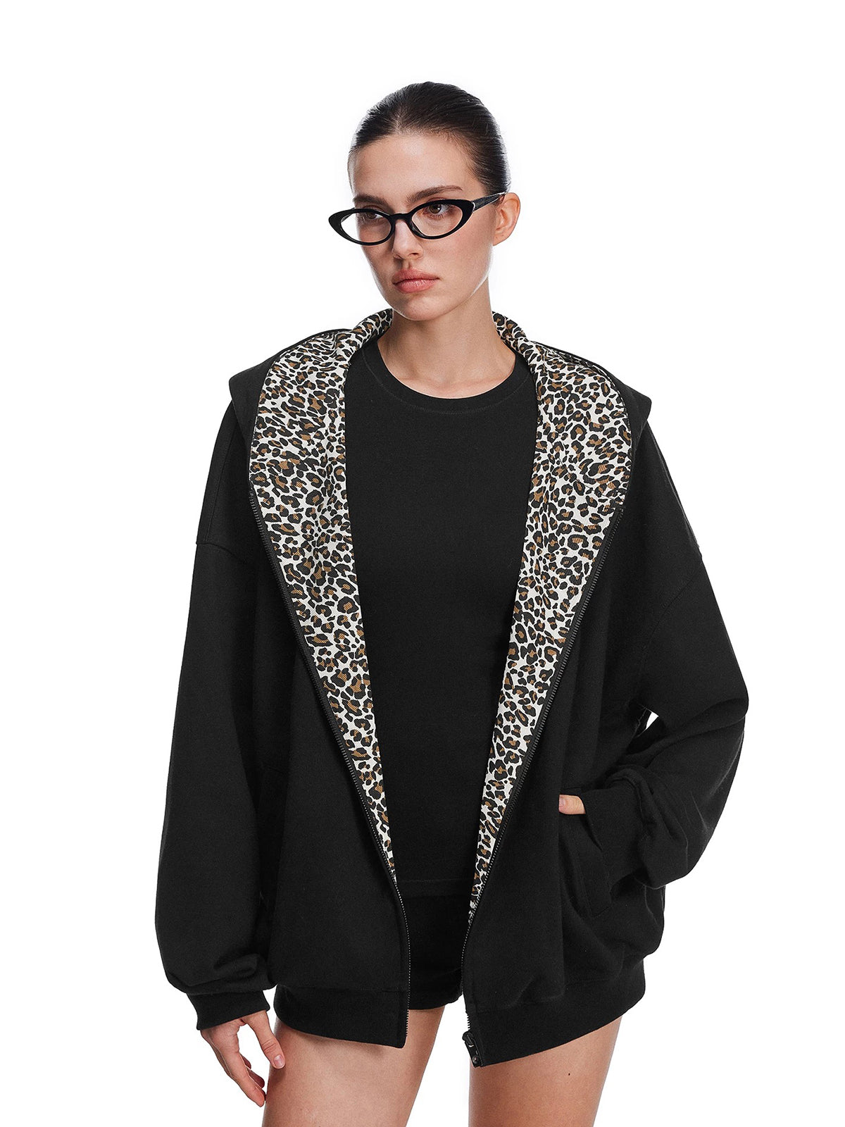 Co-ed Dorm Baggy Leopard Print Zip-up Hoodie - Black