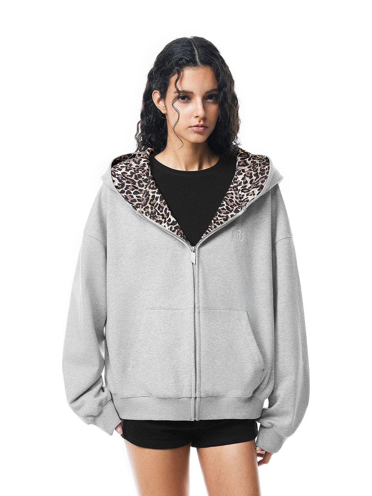Co-ed Dorm Baggy Leopard Print Zip-up Hoodie - White