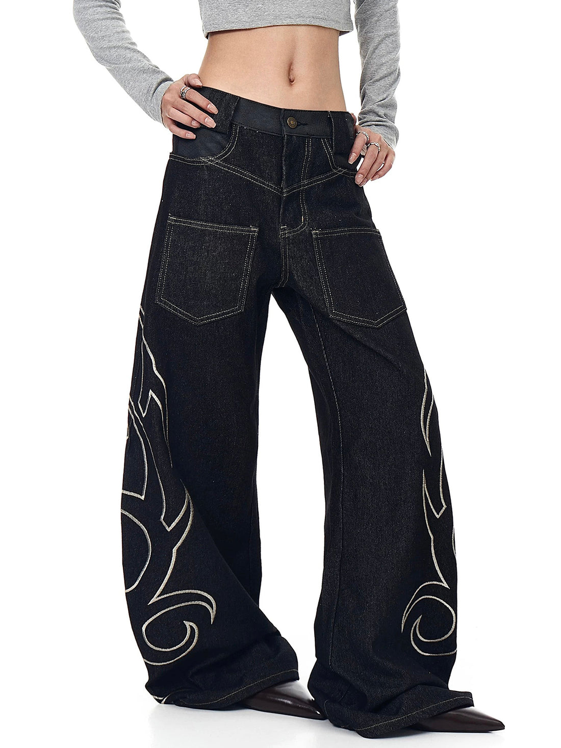 Co-ed Dorm Wide-leg Eyelet Cutout Denim Pants - Black