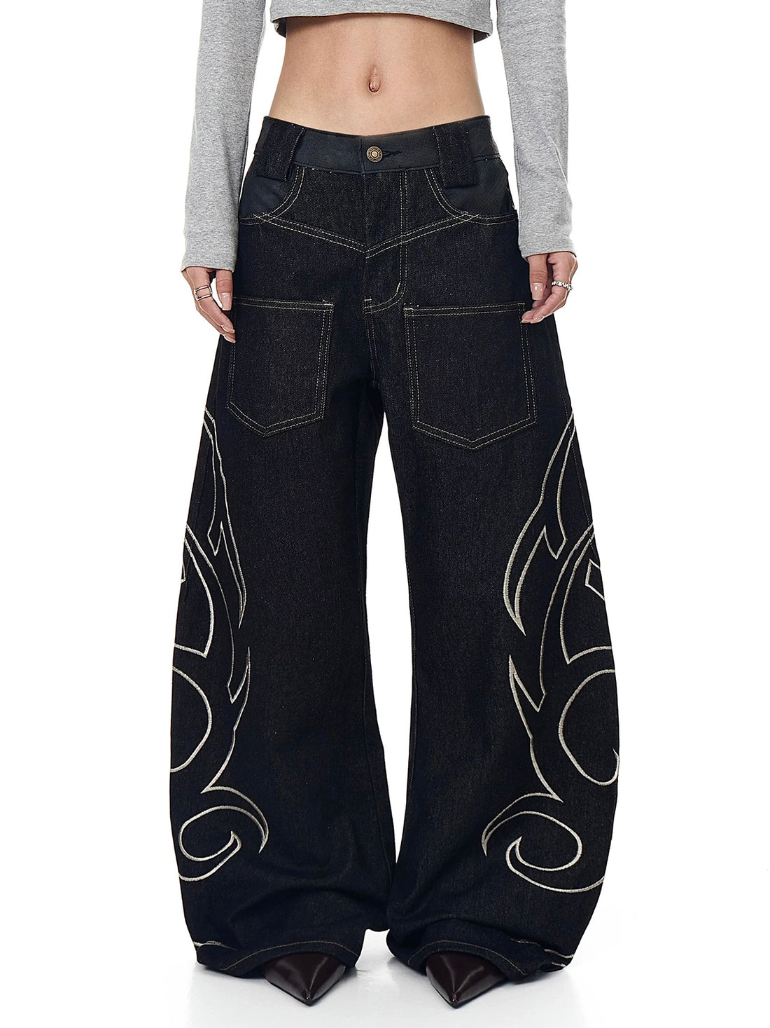 Co-ed Dorm Wide-leg Eyelet Cutout Denim Pants - Black