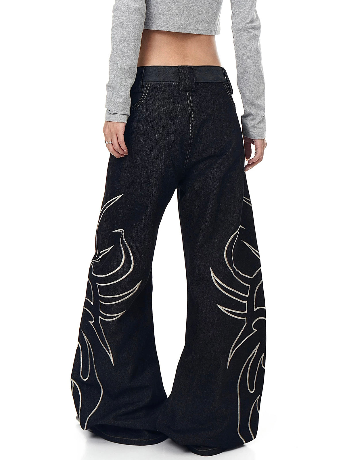 Co-ed Dorm Wide-leg Eyelet Cutout Denim Pants - Black