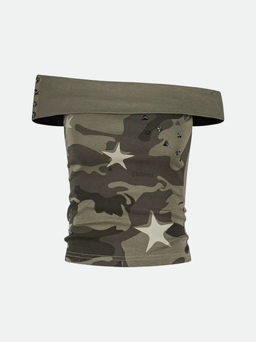 Camouflage Honeymoon Off-shoulder Top - Army Green