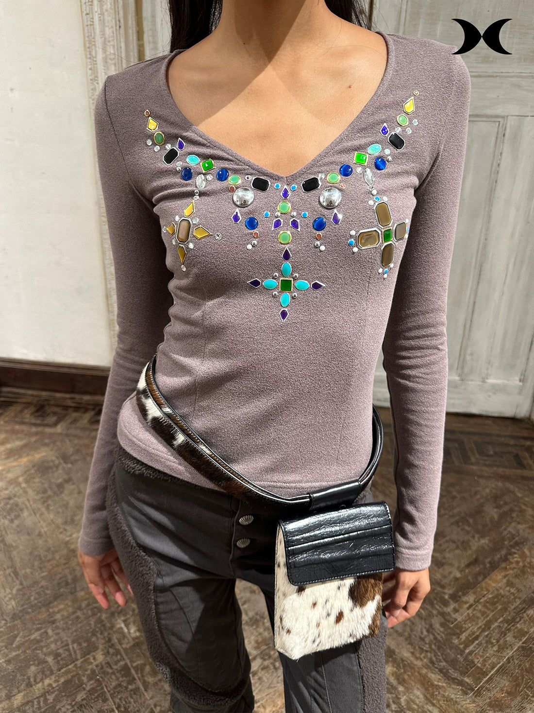 Brick Lane Skimming Beaded Gemstone V-Neck Top - Grey