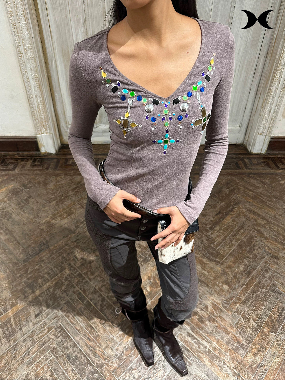 Brick Lane Skimming Beaded Gemstone V-Neck Top - Grey