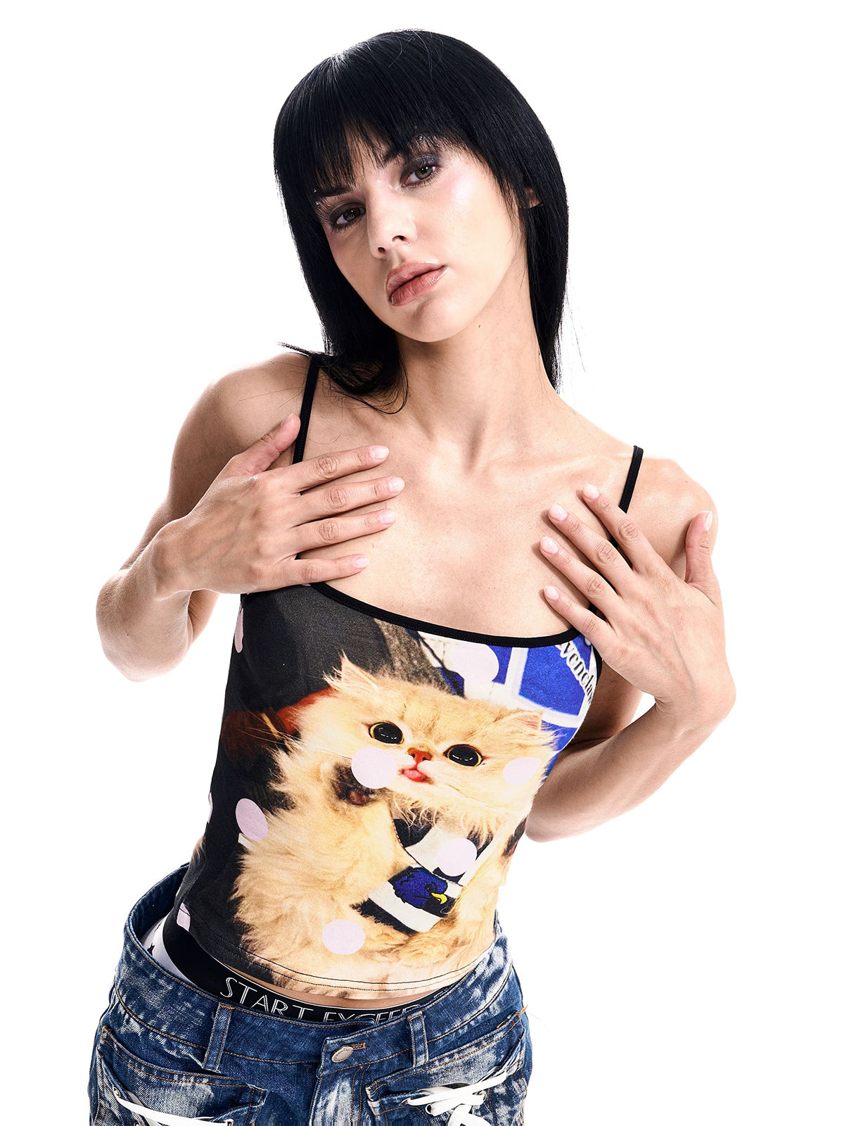 Brick Lane Skimming Cat Graphic Bow Detailed Cami - Black