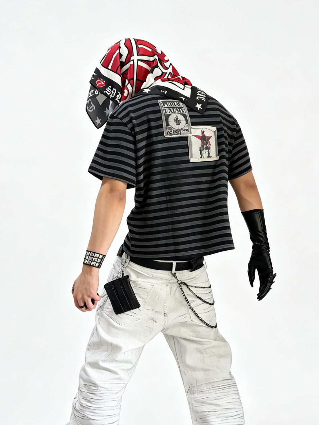 Co-ed Dorm Baggy Striped Graphic Patchwork Tee - Black