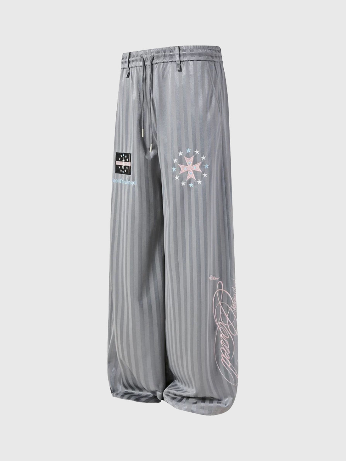 Co-ed Dorm Baggy Striped Gothic Cross Graphic Sweatpants - Grey
