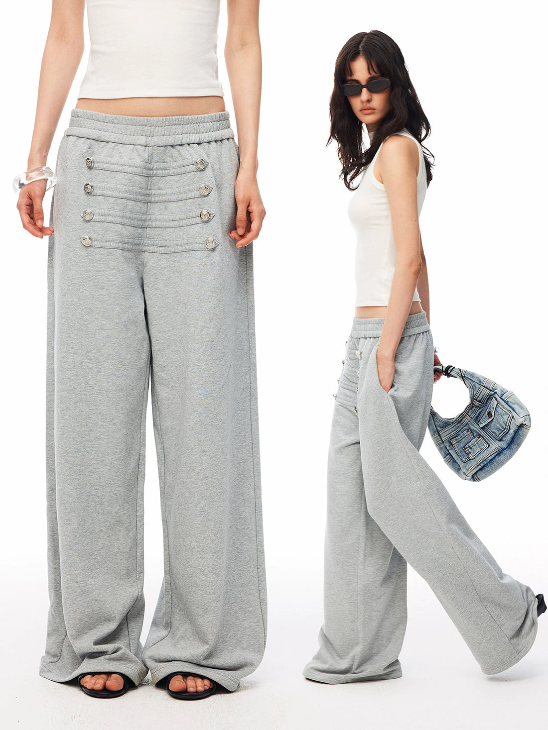 Co-ed Dorm Wide-leg Double-Breasted Trousers - Grey