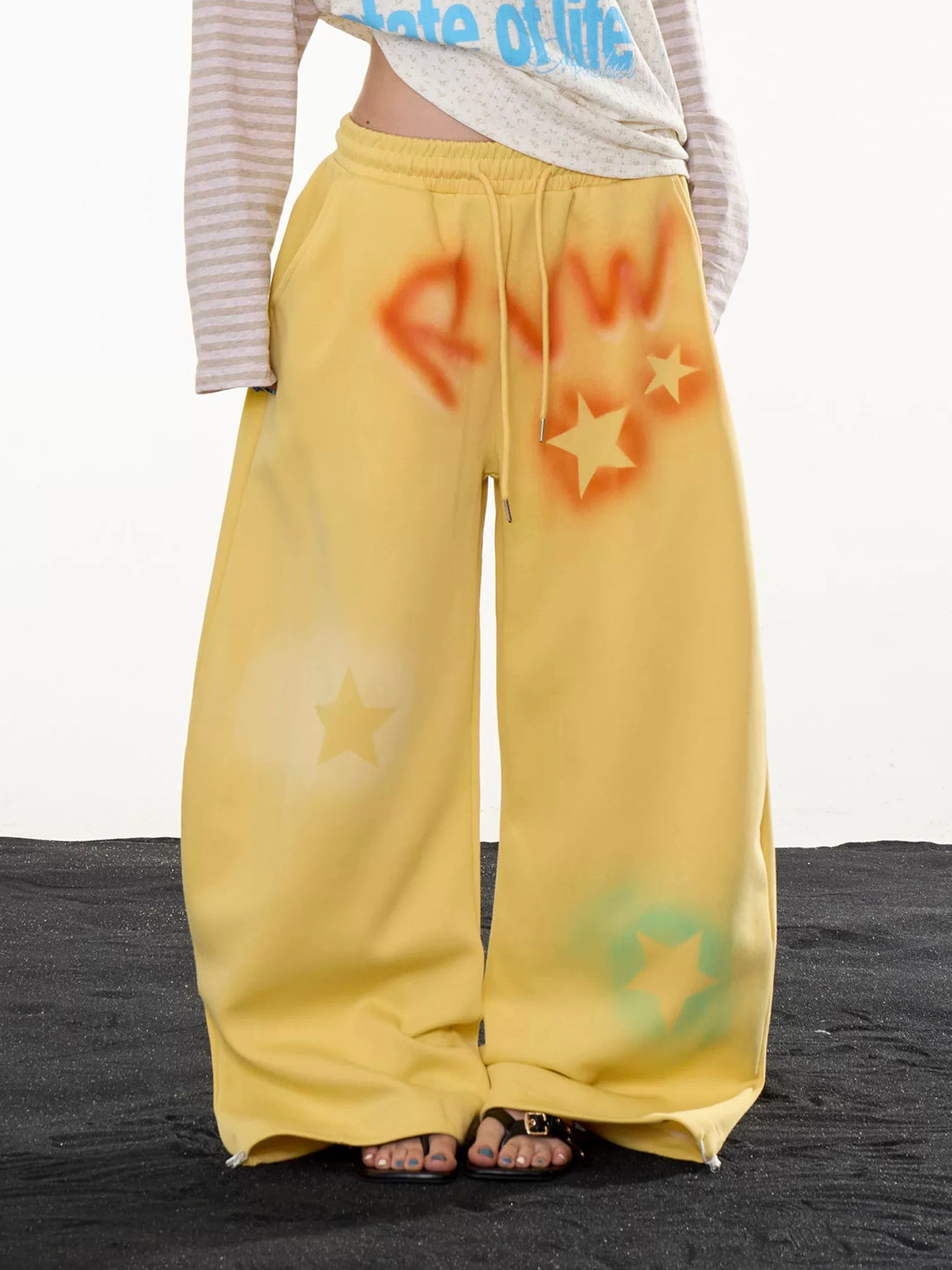 Co-ed Dorm Wide-leg Washed Graffiti Denim Pants - Yellow