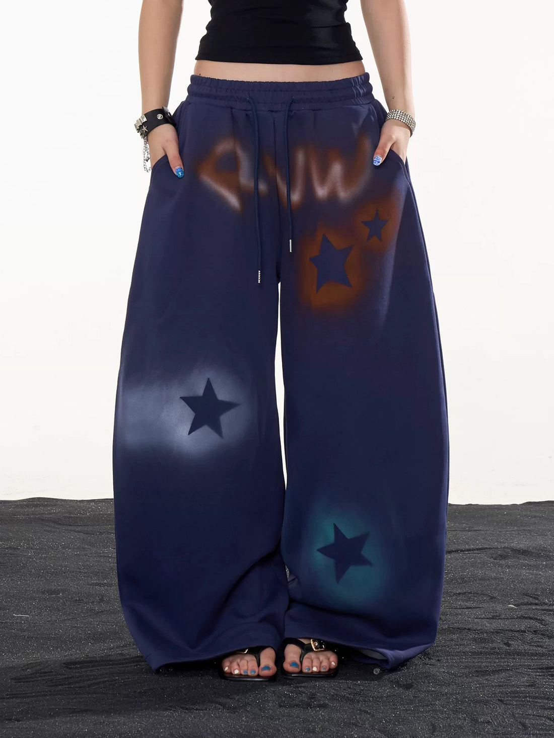Co-ed Dorm Wide-leg Washed Graffiti Denim Pants - Blue