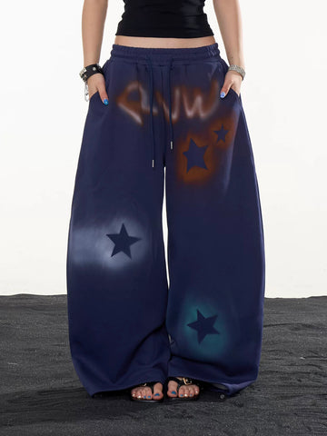 Co-ed Dorm Wide-leg Washed Graffiti Denim Pants - Blue