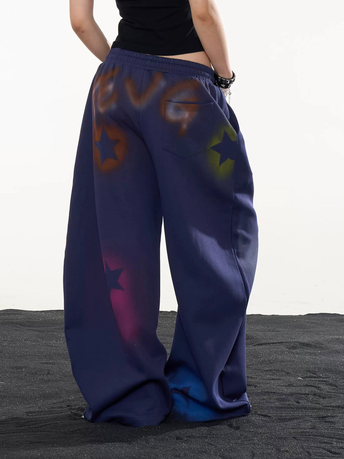 Co-ed Dorm Wide-leg Washed Graffiti Denim Pants - Blue