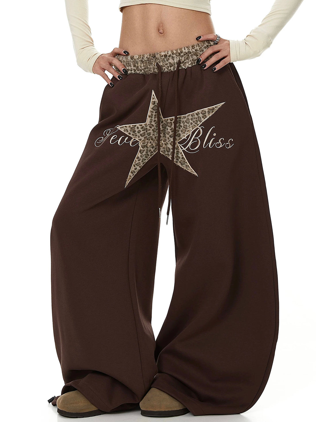 Co-ed Dorm Wide-leg Star Patchwork Leopard Trim Sweatpants - Brown