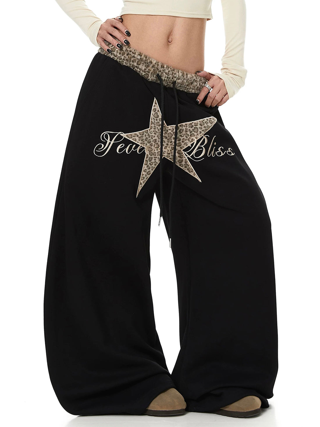 Co-ed Dorm Wide-leg Star Patchwork Leopard Trim Sweatpants - Black