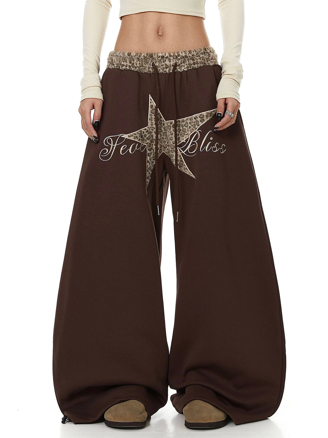 Co-ed Dorm Wide-leg Star Patchwork Leopard Trim Sweatpants - Brown