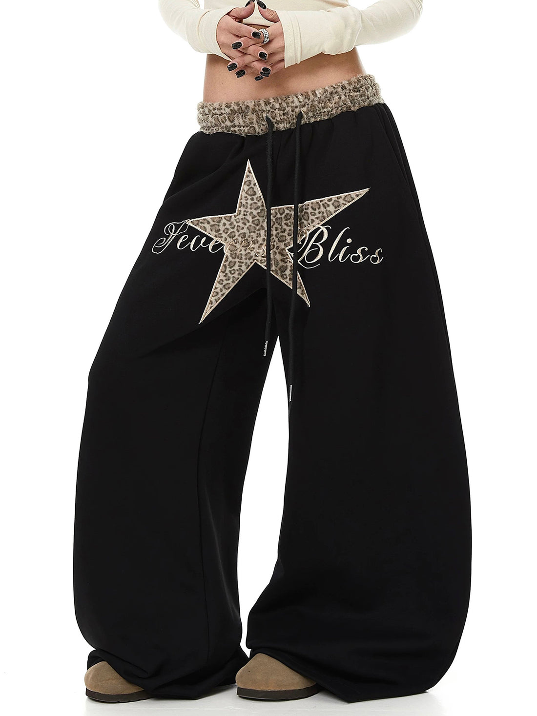 Co-ed Dorm Wide-leg Star Patchwork Leopard Trim Sweatpants - Black