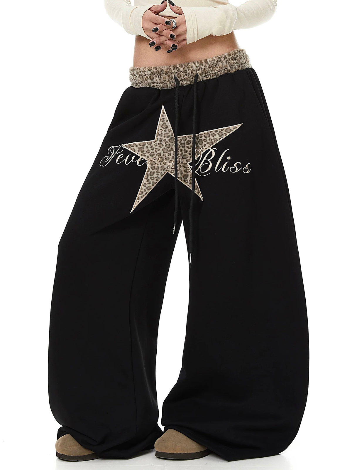 Co-ed Dorm Wide-leg Star Patchwork Leopard Trim Sweatpants - Black