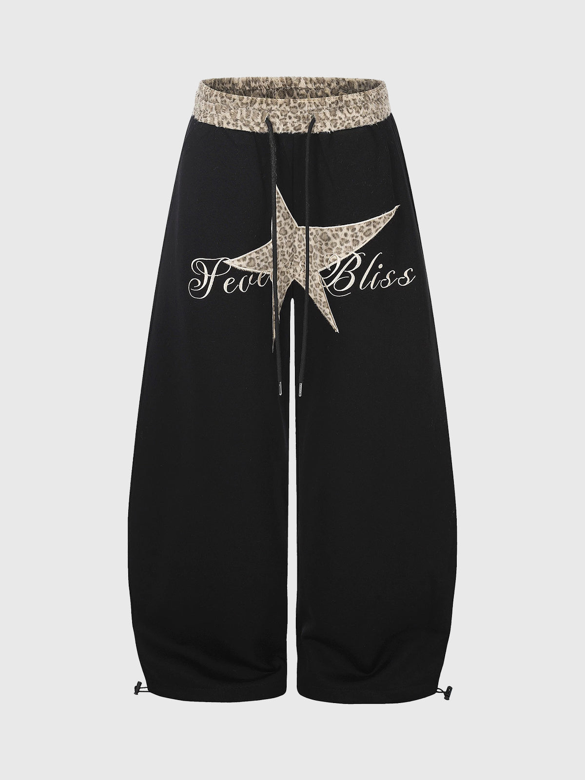 Co-ed Dorm Wide-leg Star Patchwork Leopard Trim Sweatpants - Black