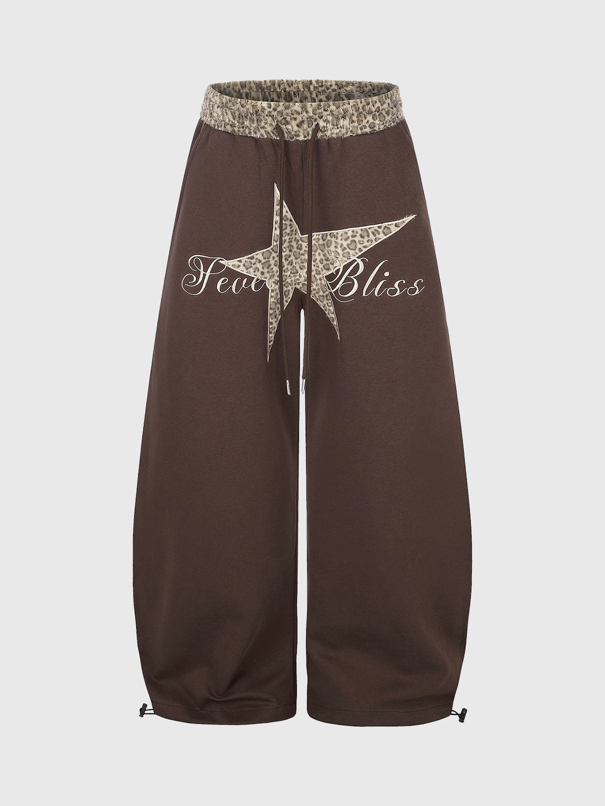 Co-ed Dorm Wide-leg Star Patchwork Leopard Trim Sweatpants - Brown