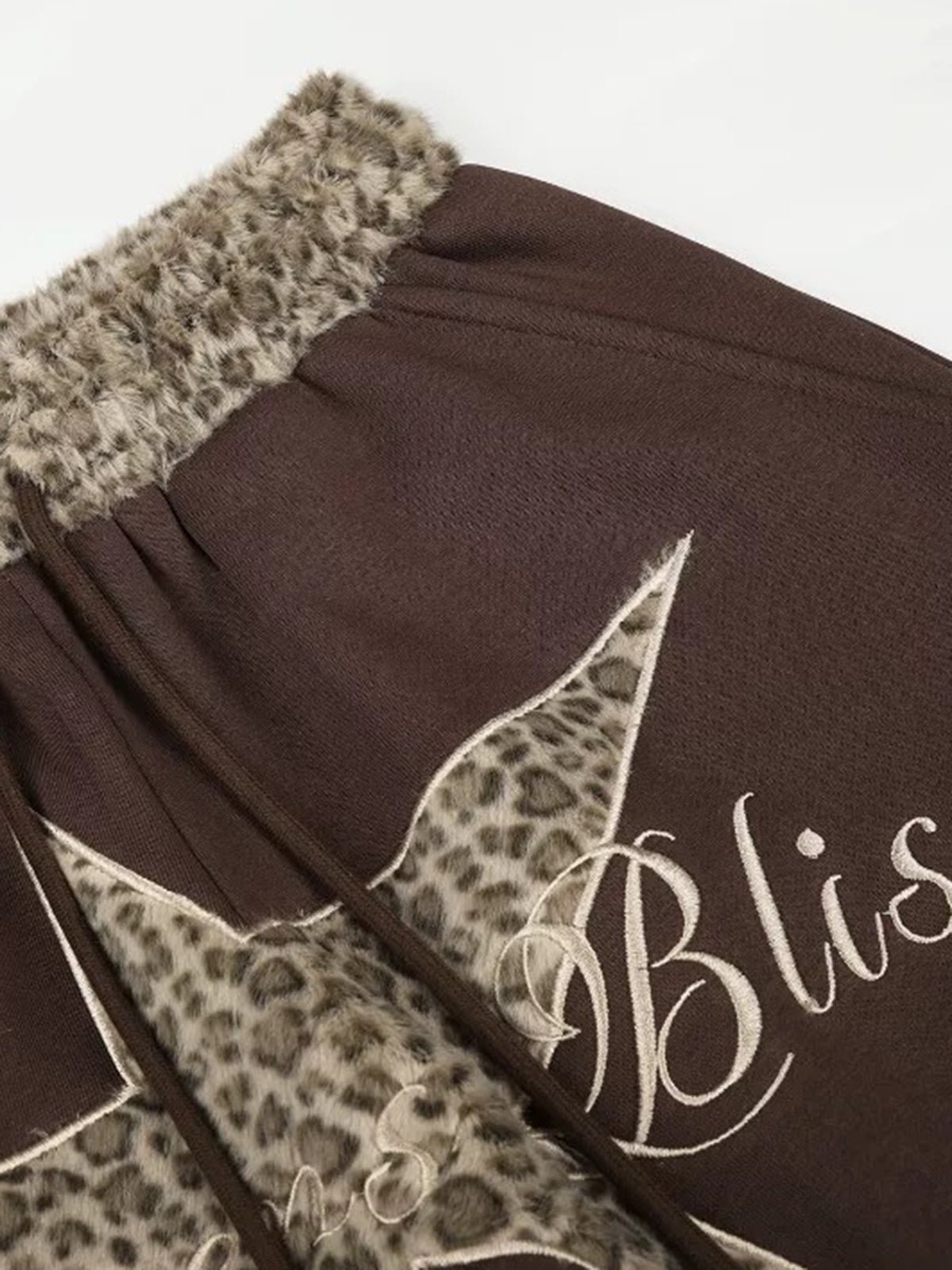 Co-ed Dorm Wide-leg Star Patchwork Leopard Trim Sweatpants - Brown
