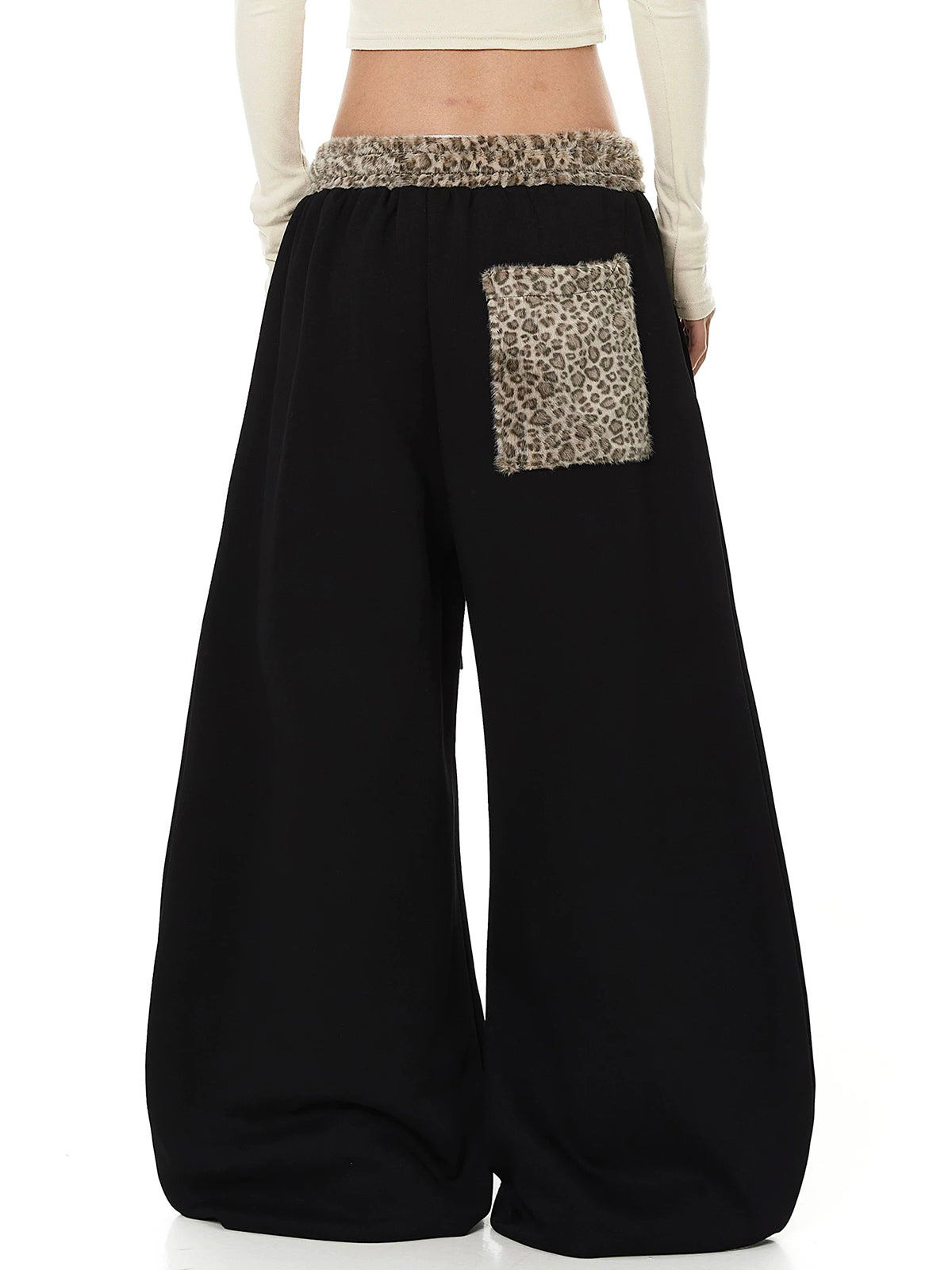 Co-ed Dorm Wide-leg Star Patchwork Leopard Trim Sweatpants - Black