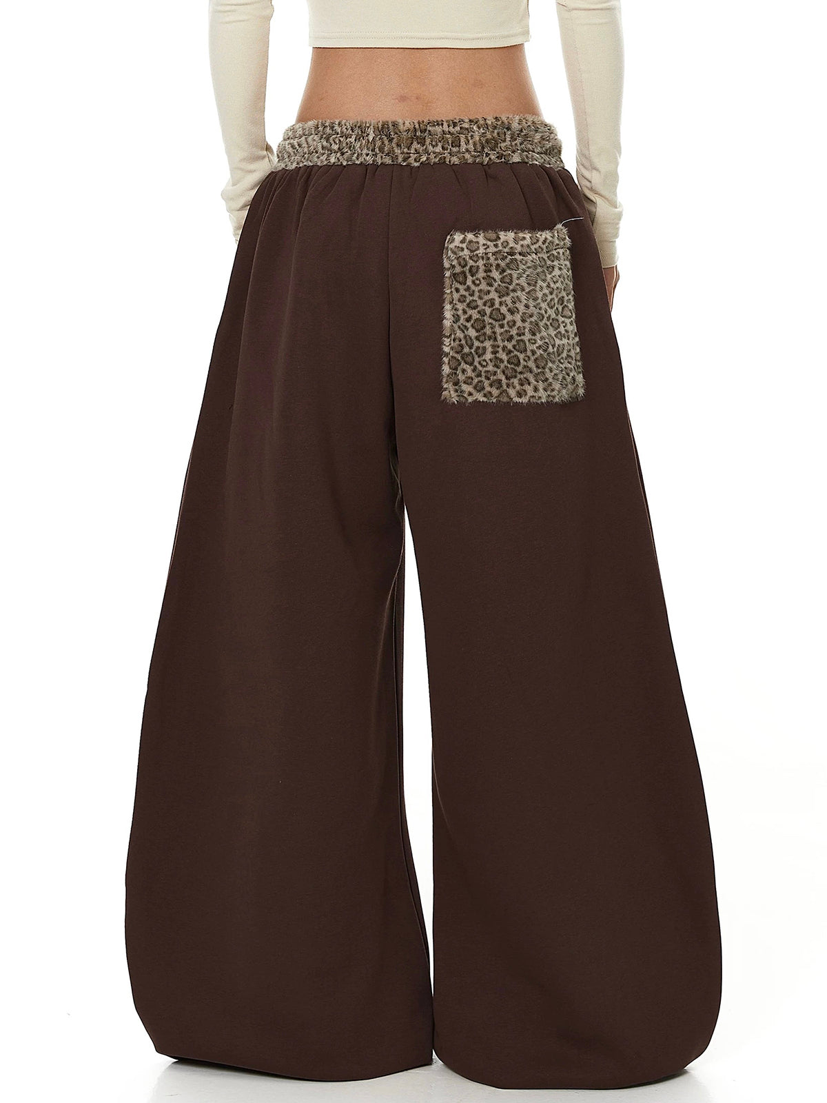 Co-ed Dorm Wide-leg Star Patchwork Leopard Trim Sweatpants - Brown