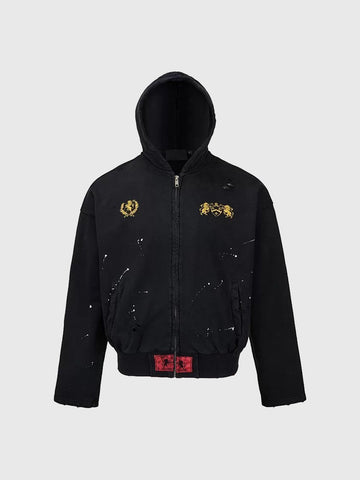 Co-ed Dorm Baggy Splash-Ink Printed Zip-up Hoodie - Blue