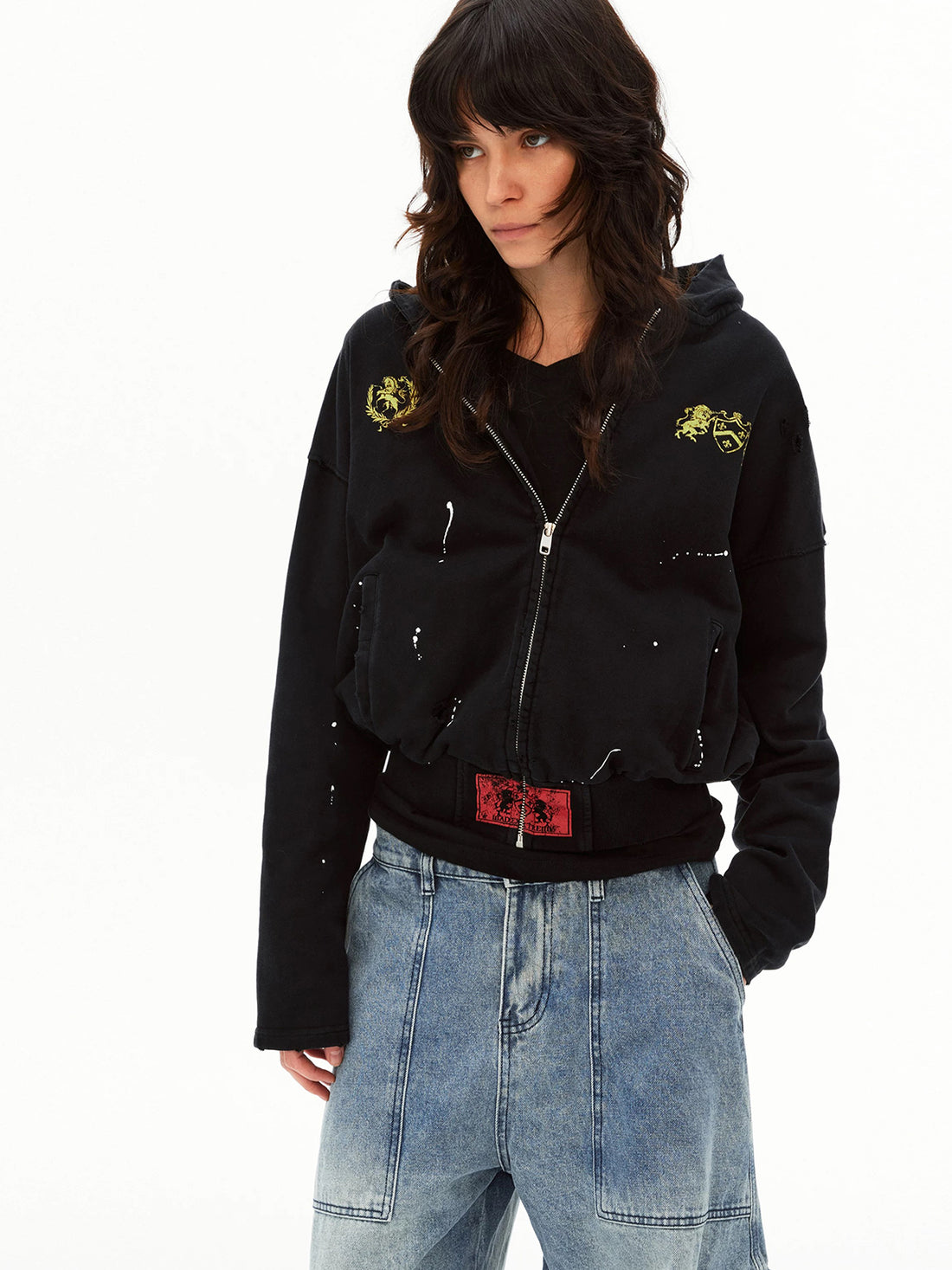 Co-ed Dorm Baggy Splash-Ink Printed Zip-up Hoodie - Blue