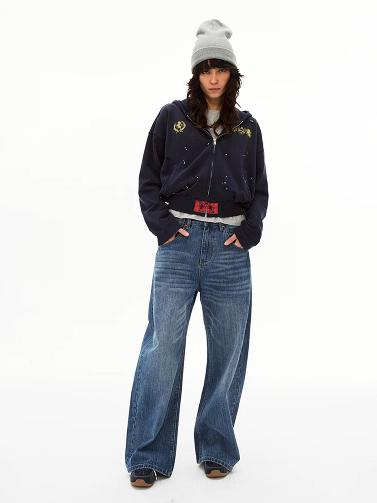 Co-ed Dorm Baggy Splash-Ink Printed Zip-up Hoodie - Blue