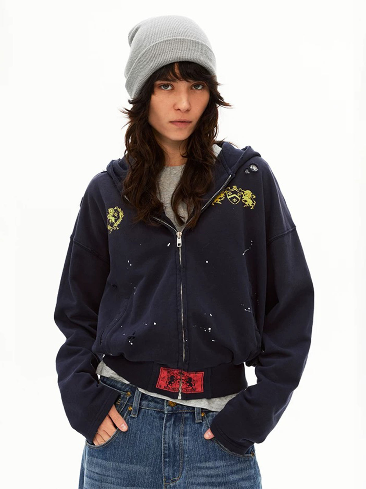 Co-ed Dorm Baggy Splash-Ink Printed Zip-up Hoodie - Blue