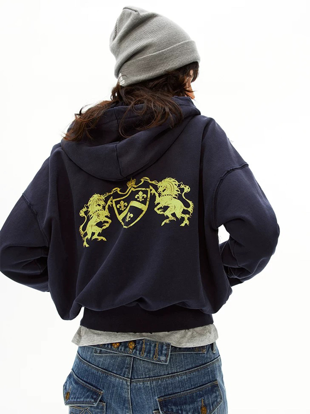 Co-ed Dorm Baggy Splash-Ink Printed Zip-up Hoodie - Blue