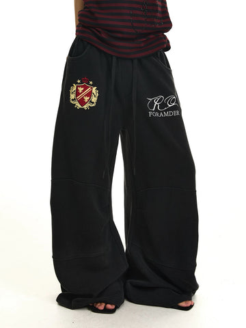 Co-ed Dorm Wide-leg Graphic Embroidery Sweatpants - Black