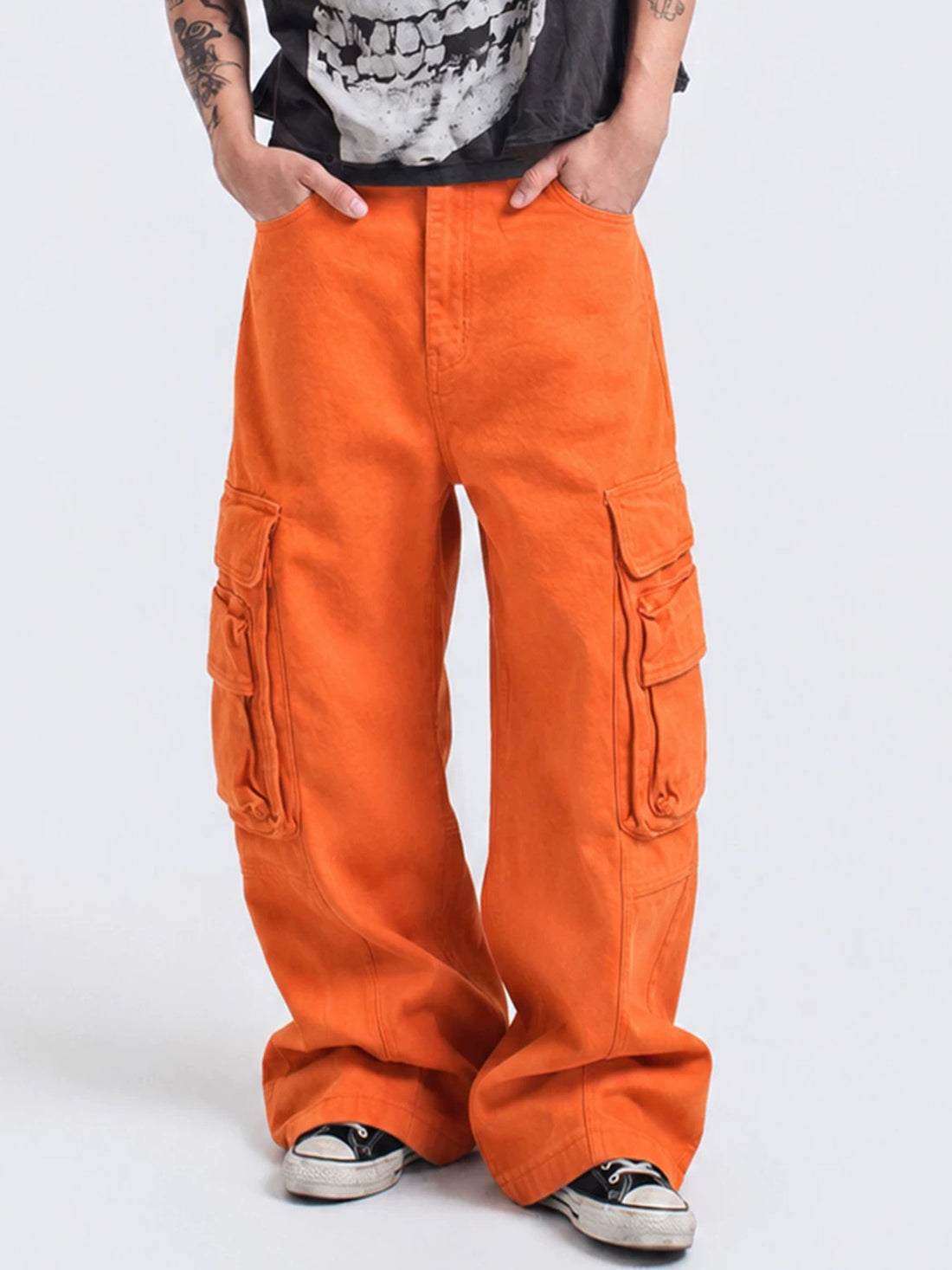 Co-ed Dorm Wide-leg Multi-Pocket Cargo Pants - Orange